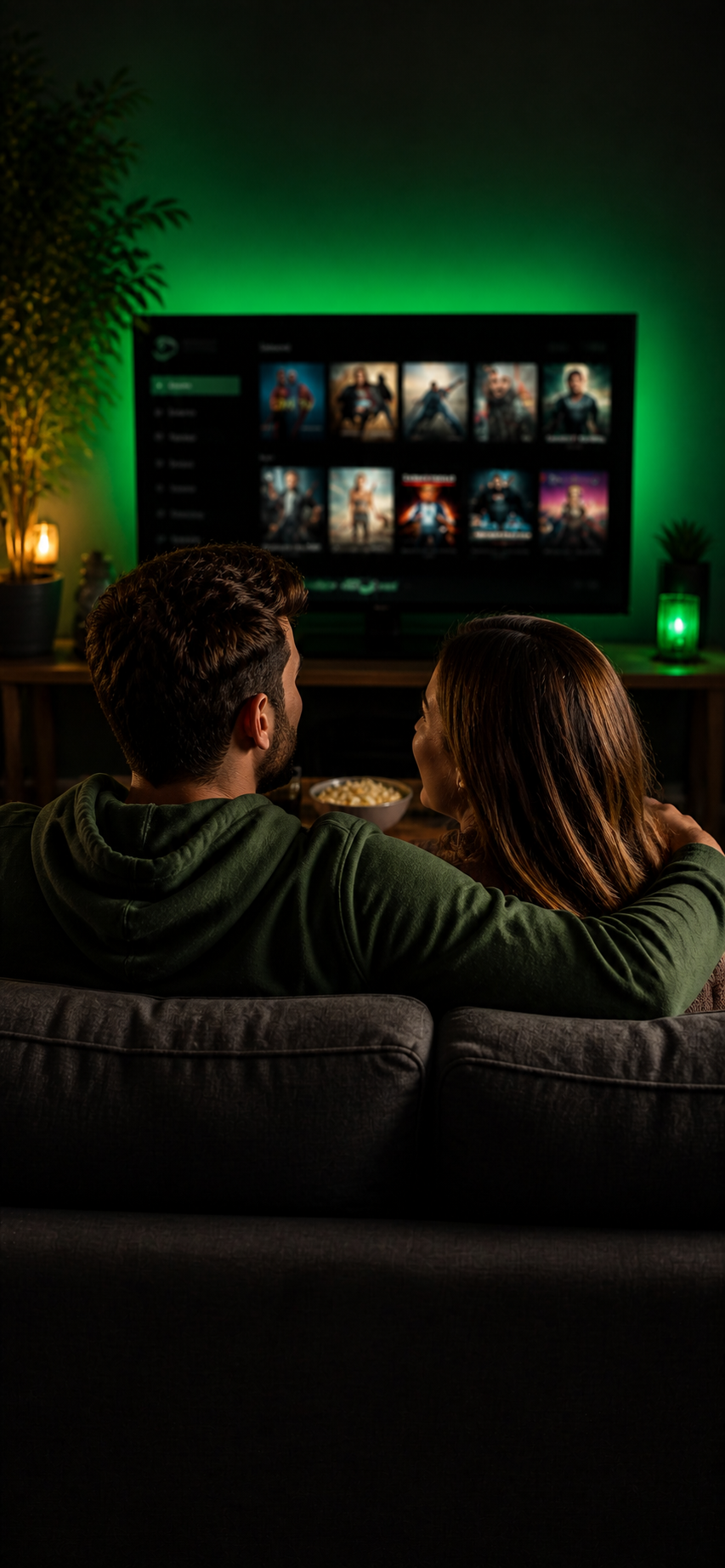voodoo streams iptv couple watching tv at home green ambient lighting streaming service