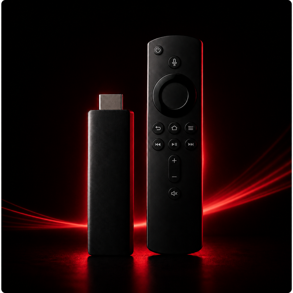 Bomba TV IPTV streaming device and remote with red neon lighting on dark background