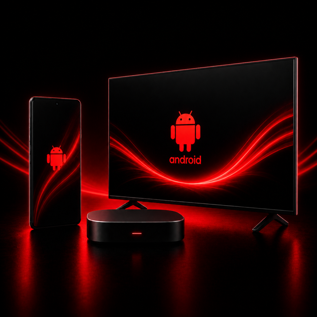 Bomba TV IPTV on Android devices with smartphone, TV, and streaming box in red neon lighting
