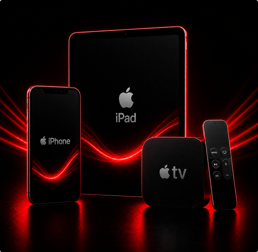 Bomba TV IPTV on Apple devices including iPhone, iPad, and Apple TV with red neon lighting