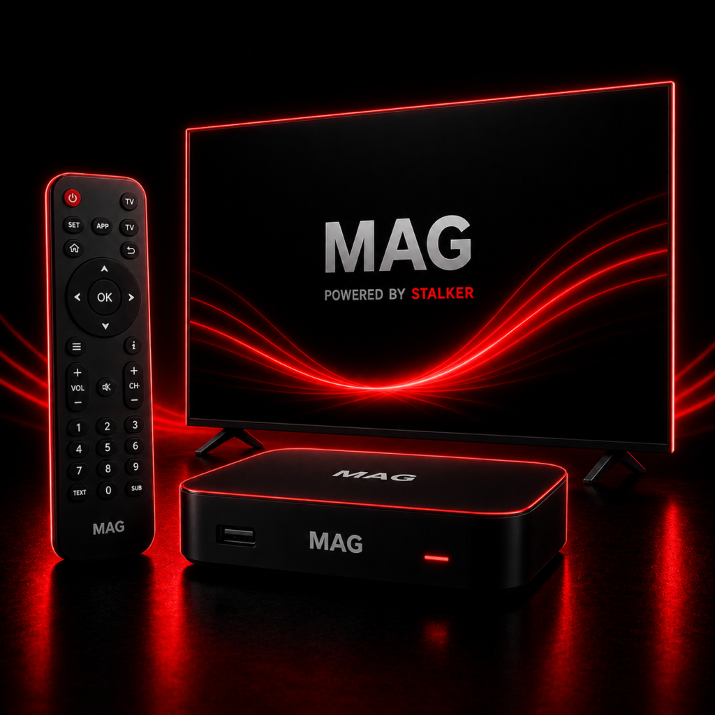 Bomba TV IPTV MAG box with remote and smart TV in red neon streaming setup
