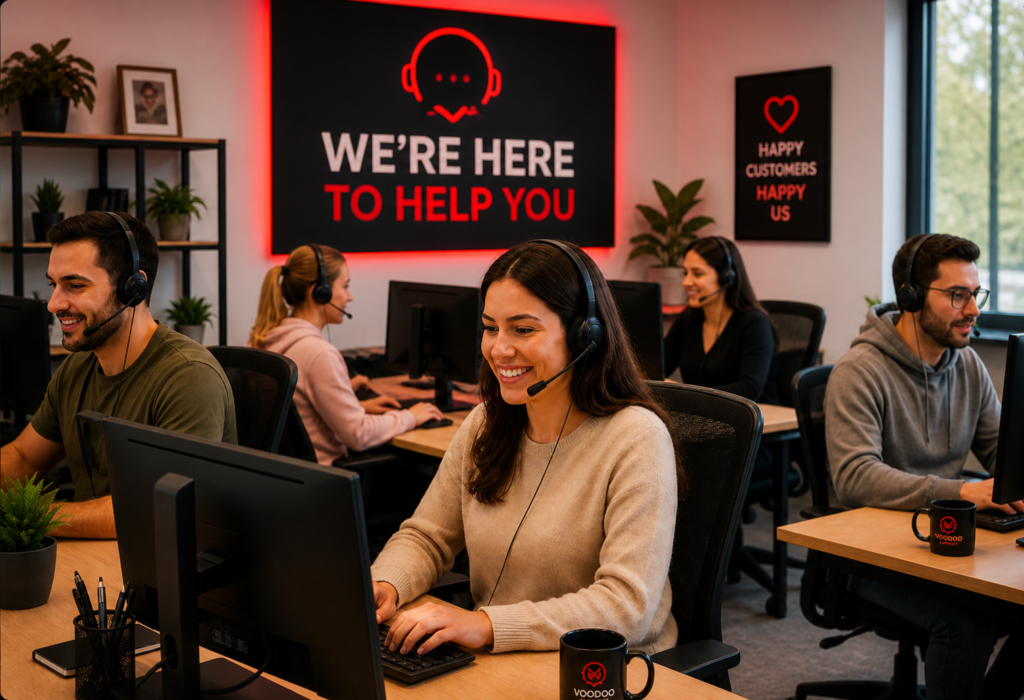 Bomba TV IPTV customer support team in call center with red themed office
